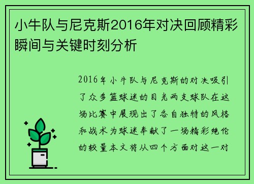 小牛队与尼克斯2016年对决回顾精彩瞬间与关键时刻分析